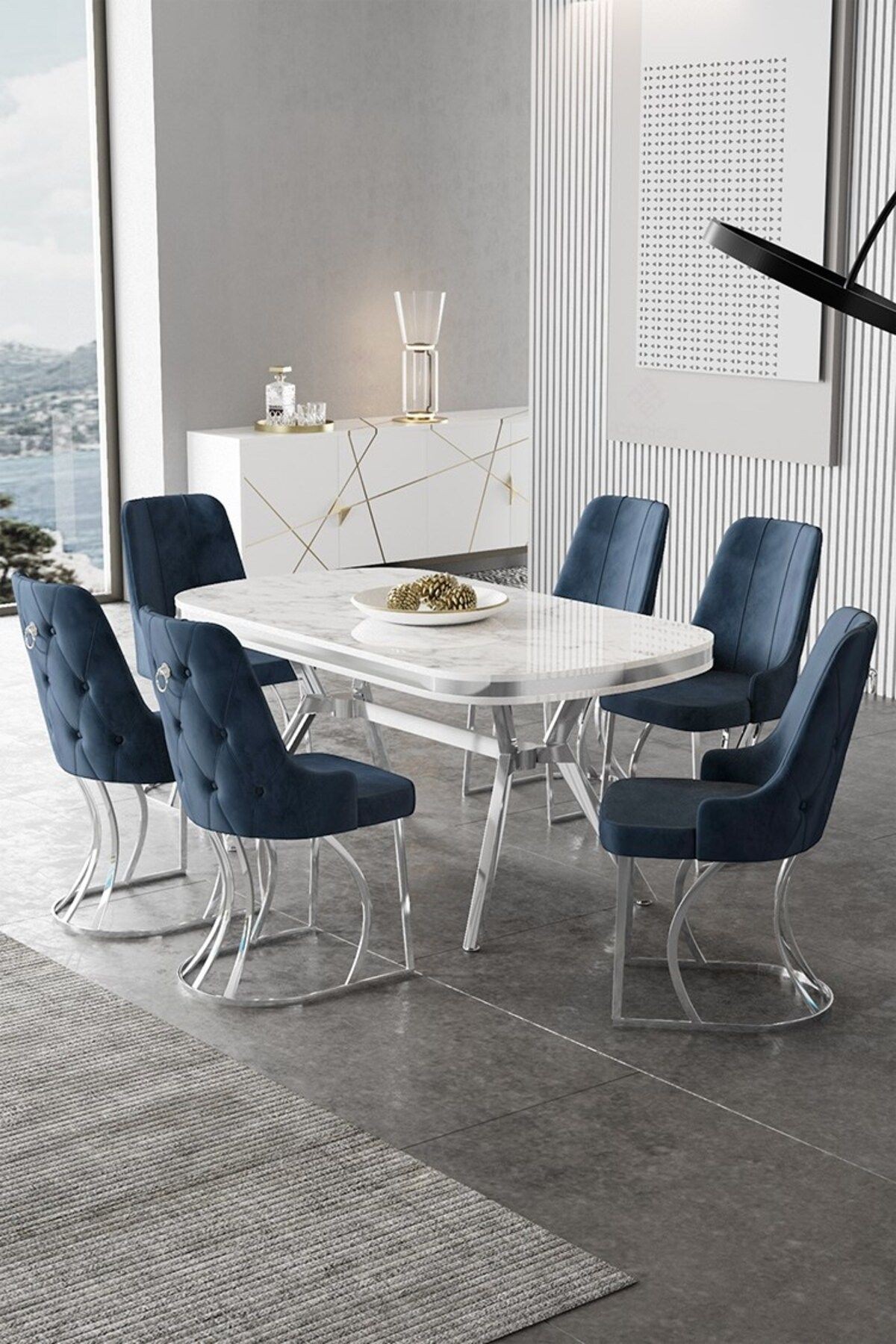 Epal Serisi 90x168 Lak Panel Beyaz Mermer Desen Masa ve 6 Sandalye Krom Kaplama Ayak