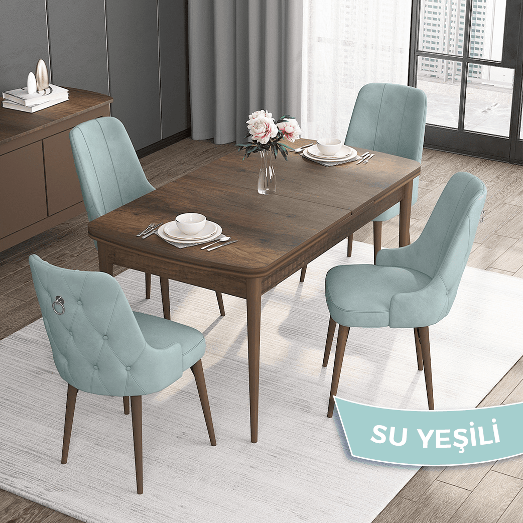 barok ahşap desen masa sandalyeler su yeşili