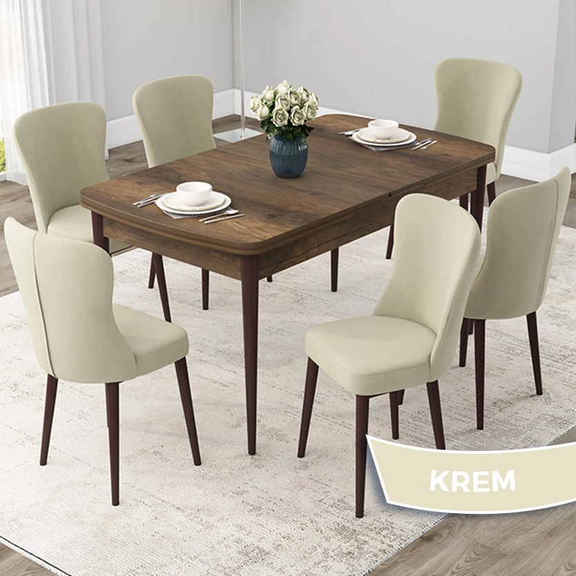 Barok Ahşap Desen Masa Krem Sandalye