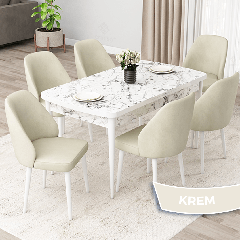 Krem Sandalye Beyaz Mermer Desen Masa