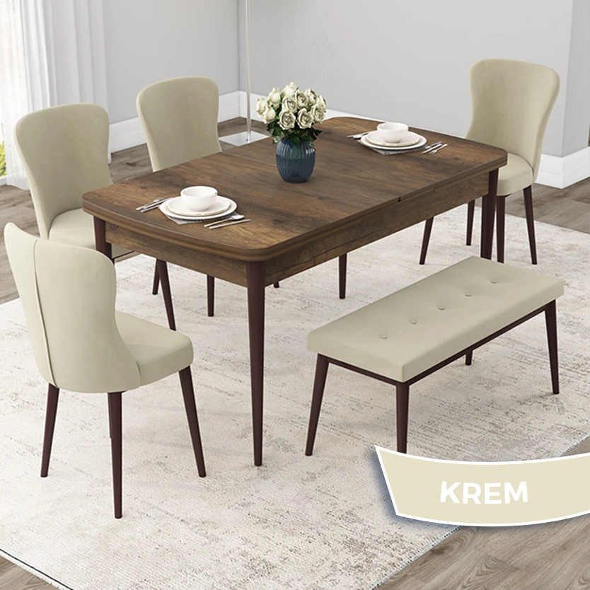 Barok Ahşap Desen Masa Krem Sandalye