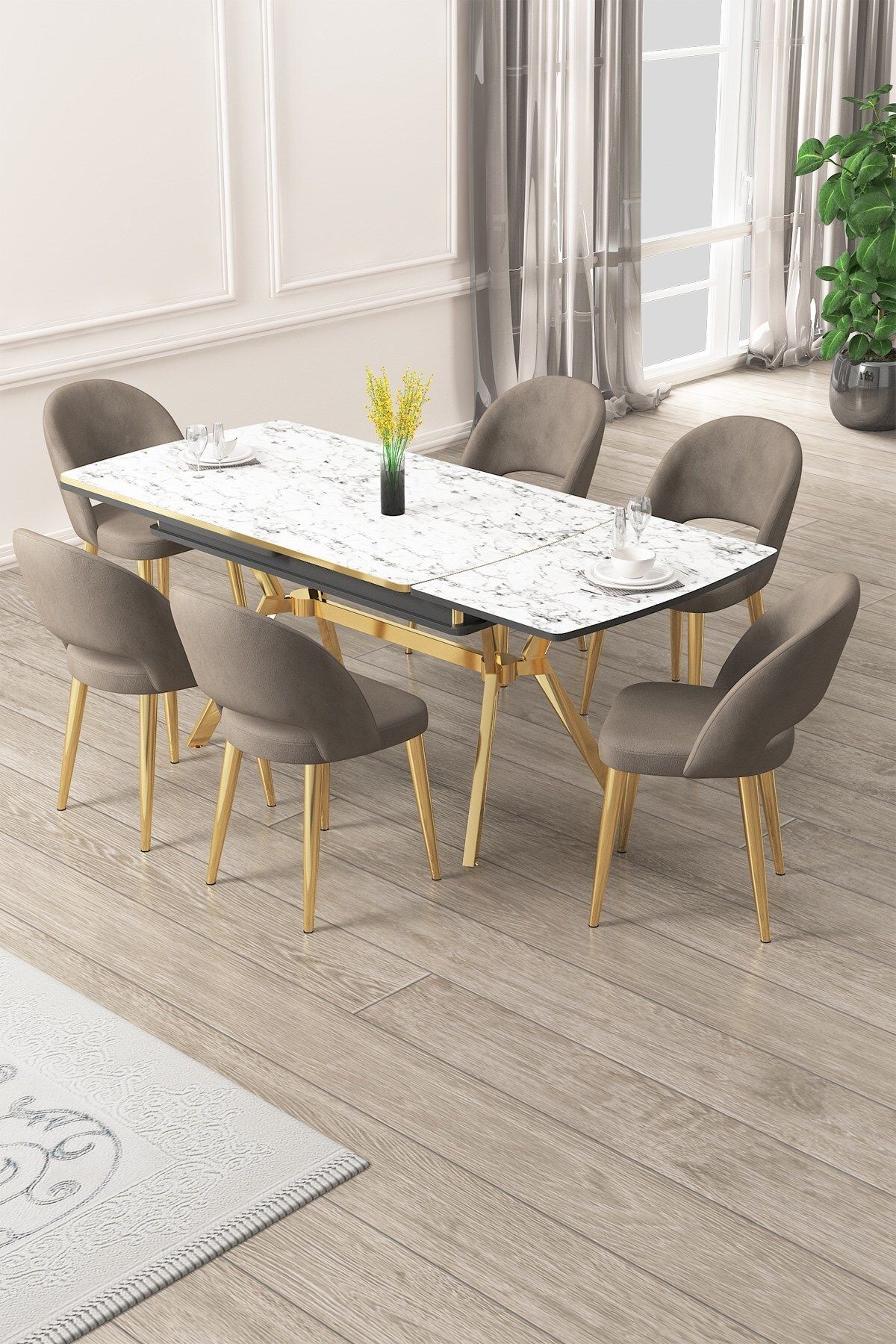 Weps Serisi 89x150 Açılabilir Lak Panel Beyaz Mermer Gold Ayak Masa Takımı ve  6 Sandalye