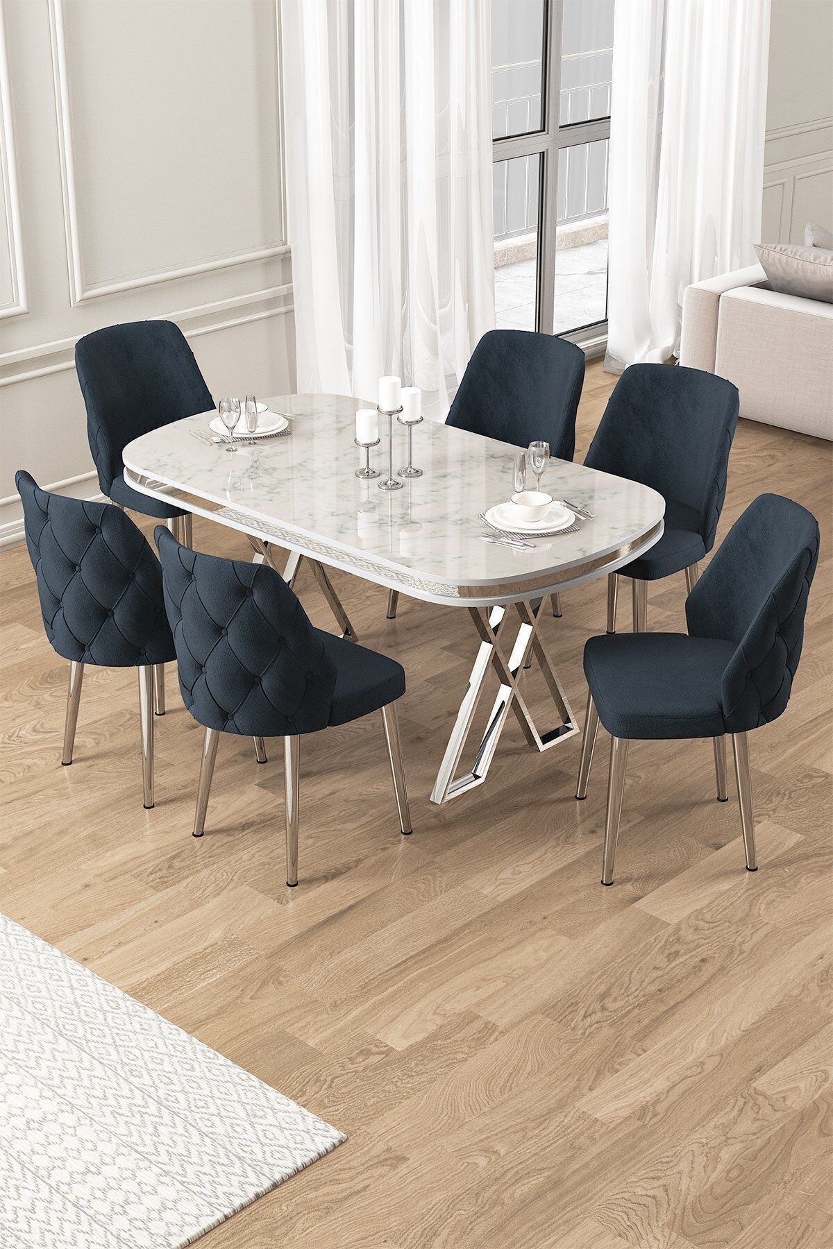 Afe Serisi 90x168 Lak Panel Beyaz Mermer Desen Masa ve 6 Sandalye Krom Kaplama Ayak