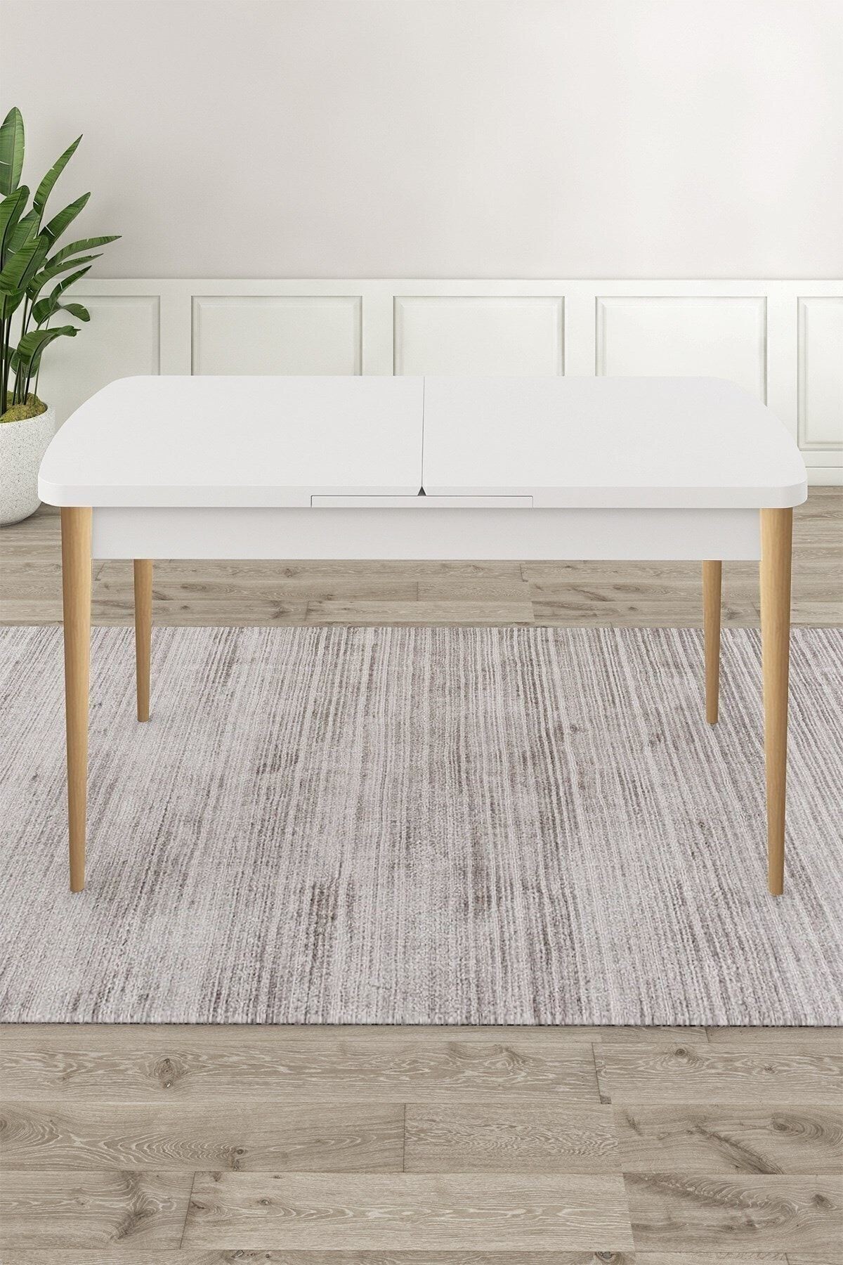 Roz Serisi 80x132 Mdf Açılabilir Gold Halka Beyaz Masa Doğal Ahşap Ayak Masa Takımı Ve 6 Sandalye