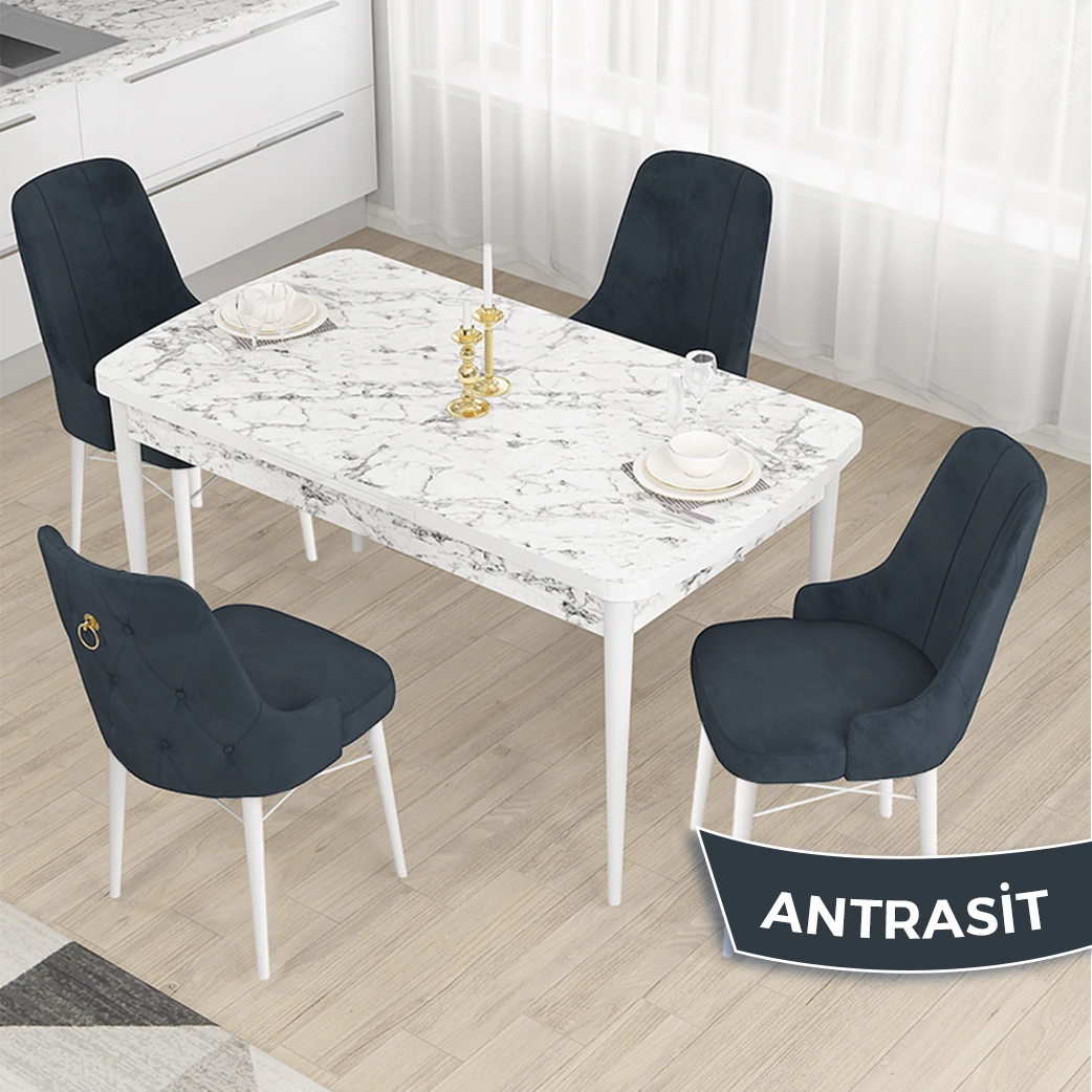Elf Serisi 80x132 Açılabilir Beyaz Mermer Desen Masa Takımı ve 4 Sandalye