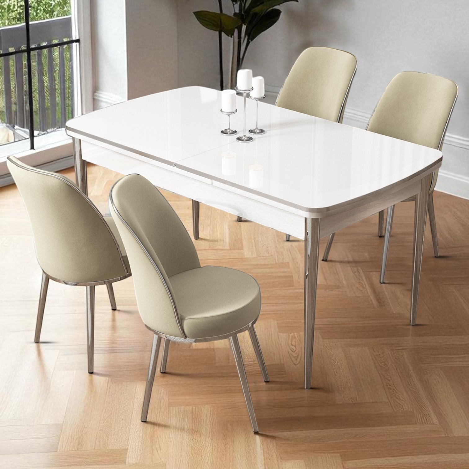 Nira Serisi 70x114 Mdf Açılabilir Beyaz Mutfak Masa Takımı 4 Sandalye Krom Detay
