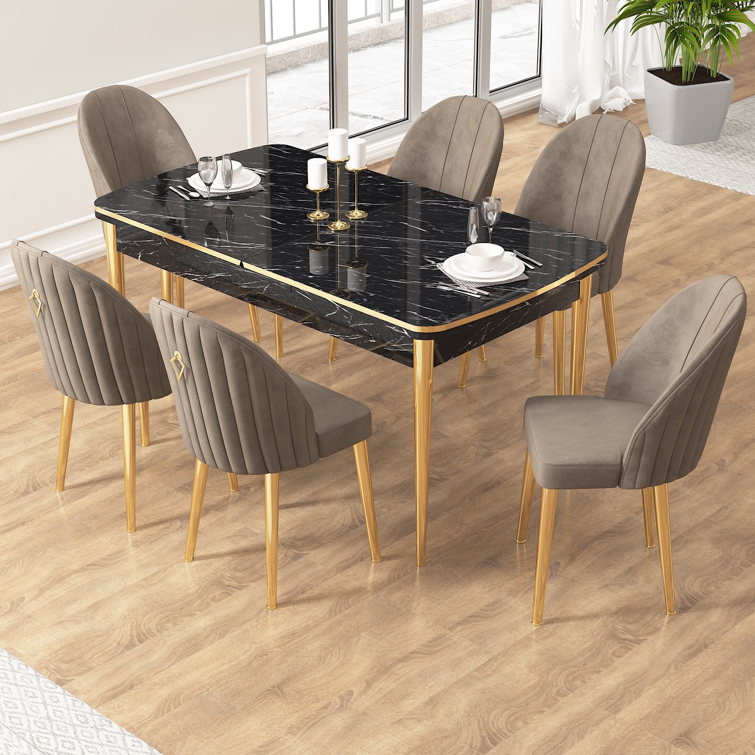 masa siyah mermer sandalye capppucino gold ayak