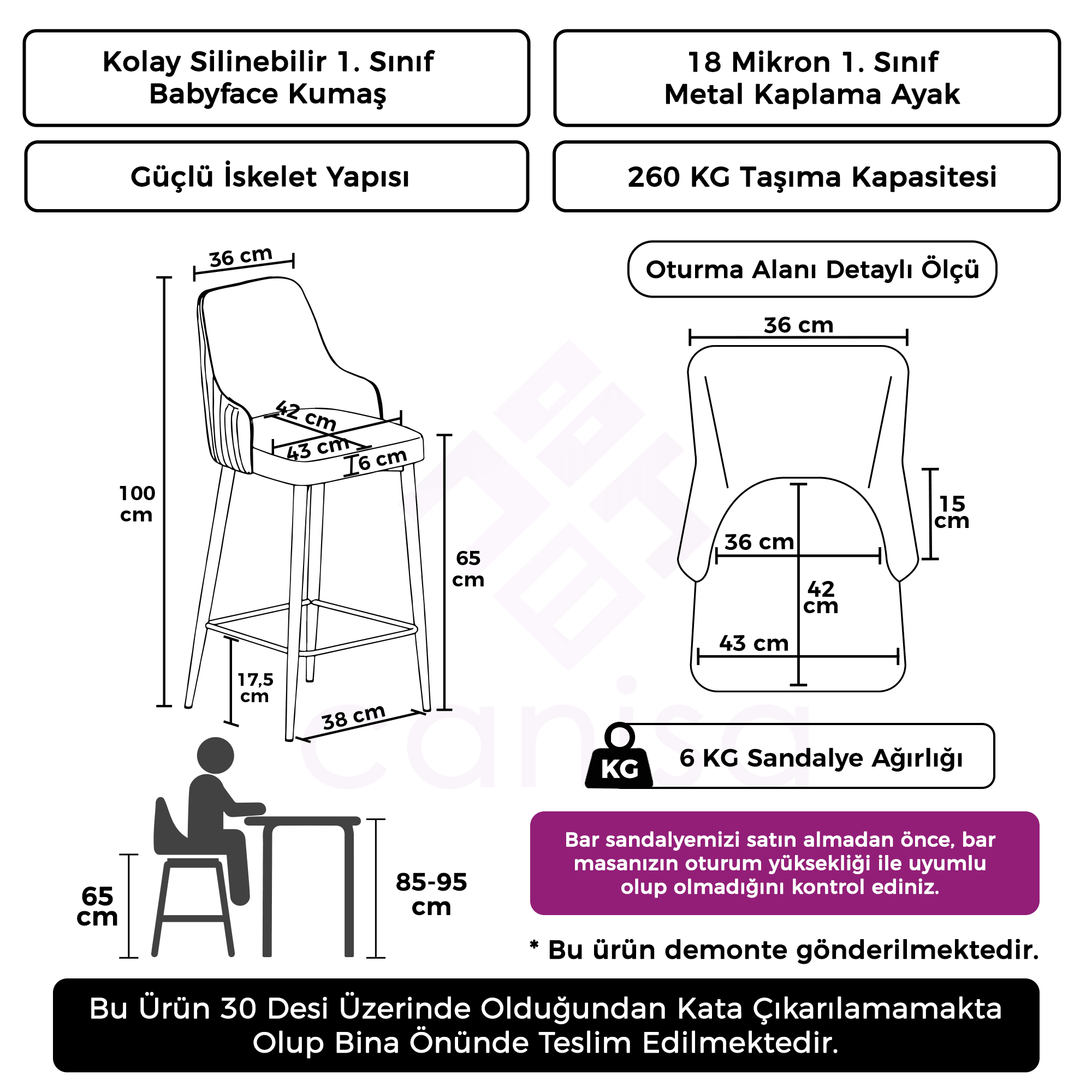 Tera Serisi 4 Adet Ada Bar Sandalyesi 65 cm Babyface Kumaş Krom Kaplama Ayak