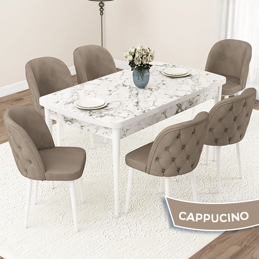 Jae Serisi 80x132 Açılabilir Beyaz Mermer Desen Masa Takımı Ve 6 Sandalye