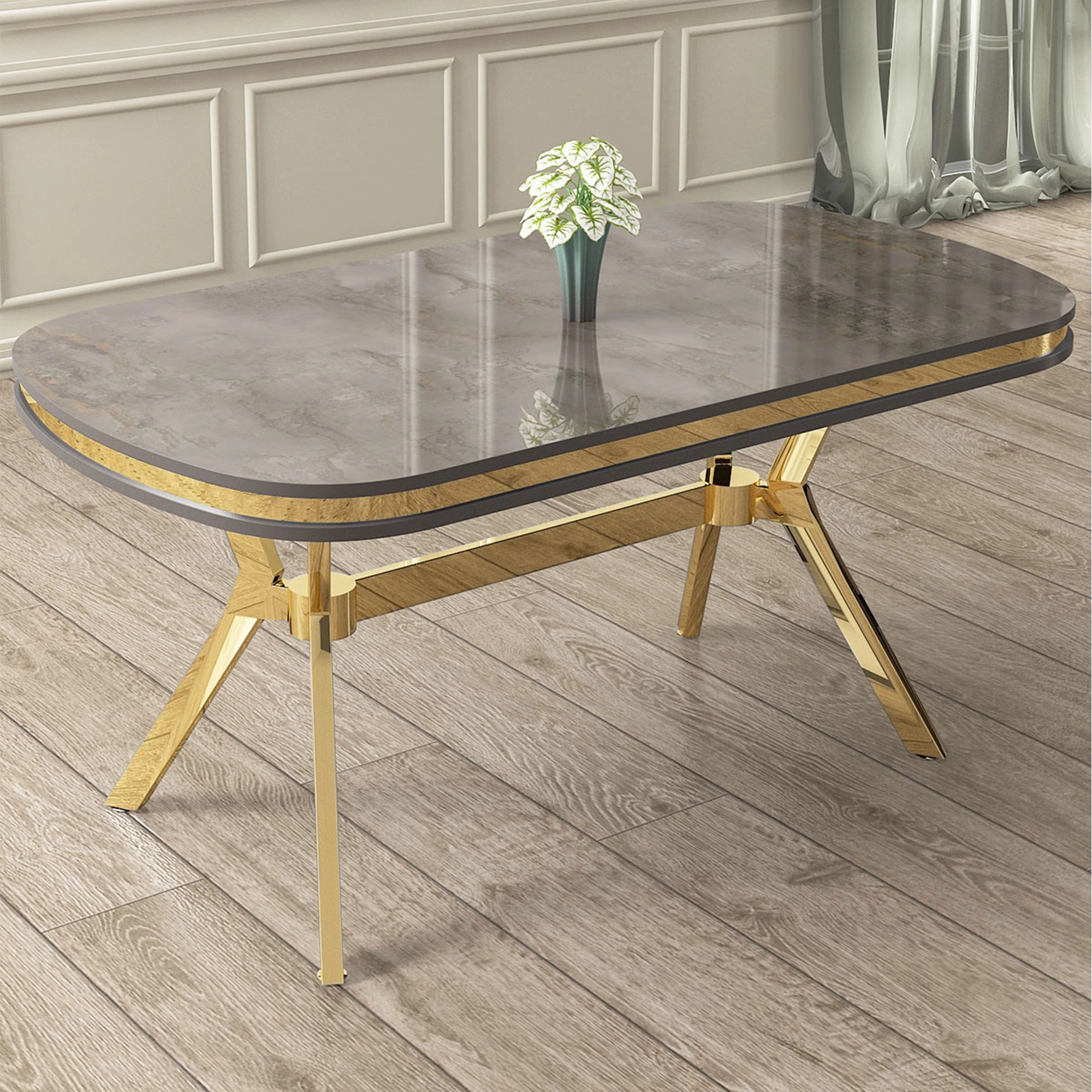 Olya Serisi 90x168 MDF Sabit Lak Panel Antrasit İroni Masa Takımı Gold Ayaklı 4 Sandalye