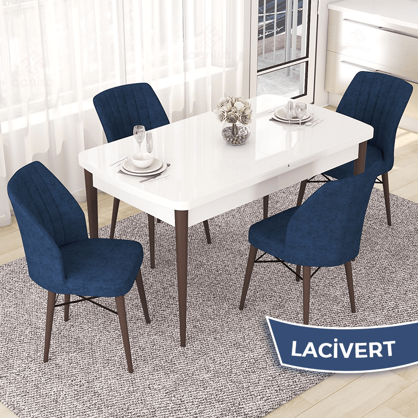 masa beyaz ayak ceviz sandalyeler lajivert