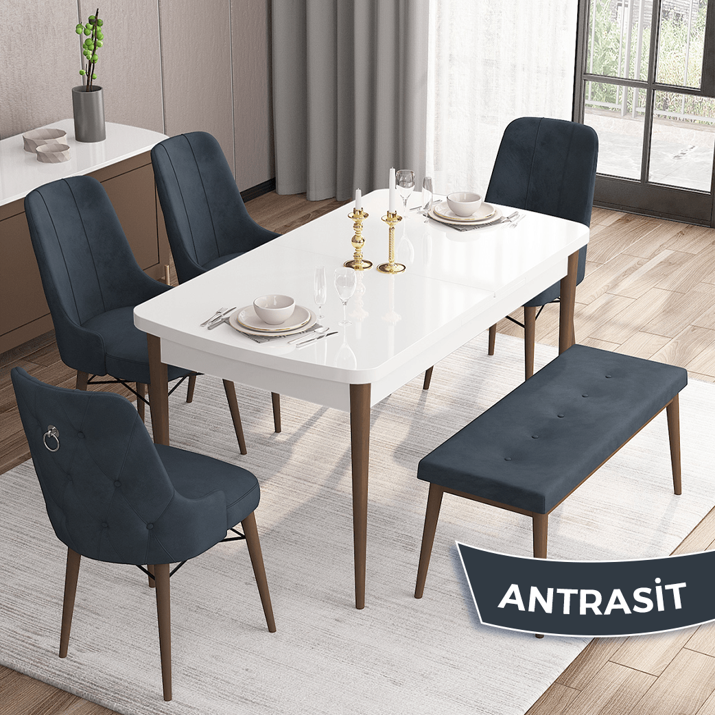 Are Serisi 80x132 Mdf Açılabilir Gümüş Halka Beyaz Masa Ceviz Ayak Masa Takımı 4 Sandalye Ve 1 Bench