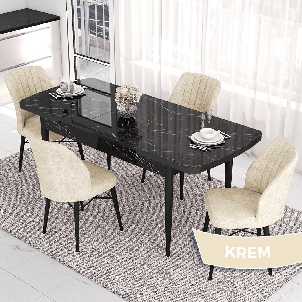 Eva Serisi 80x132 Açılabilir Mdf Siyah Mermer Desen Masa Takımı Ve 4 Sandalye
