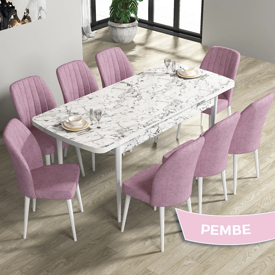 Beyaz Mermer Desen Masa Pembe Renk Sandalye