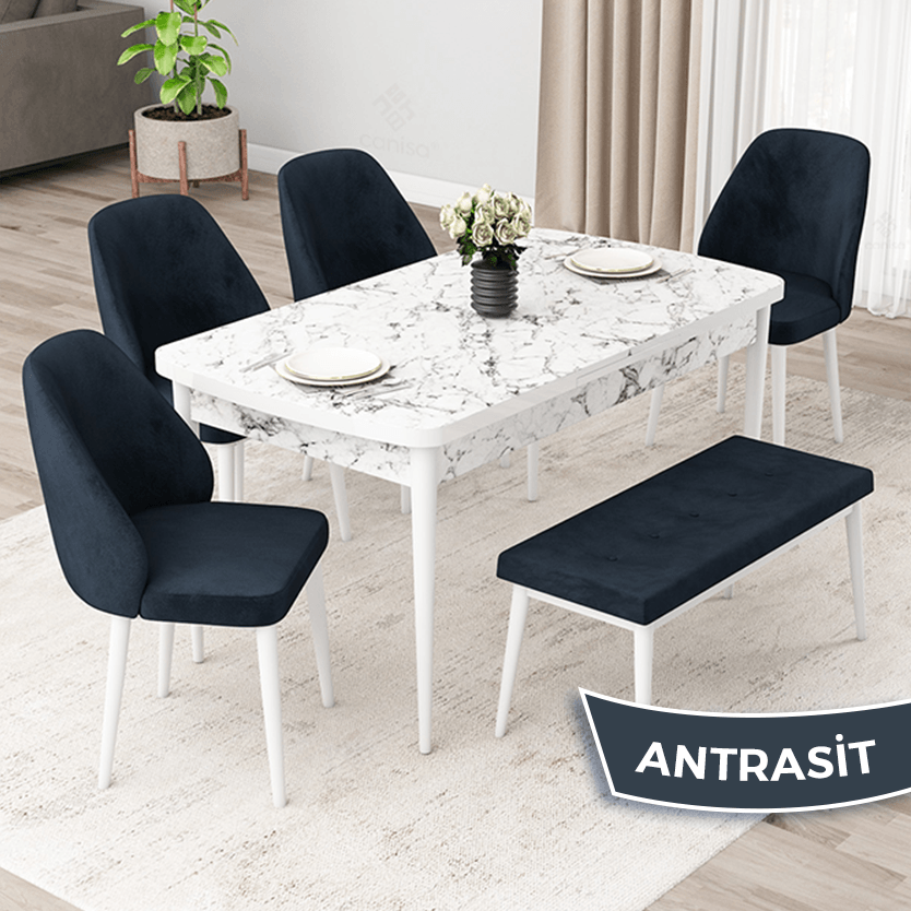 Antrasit Sandalye Beyaz Mermer Desen Masa