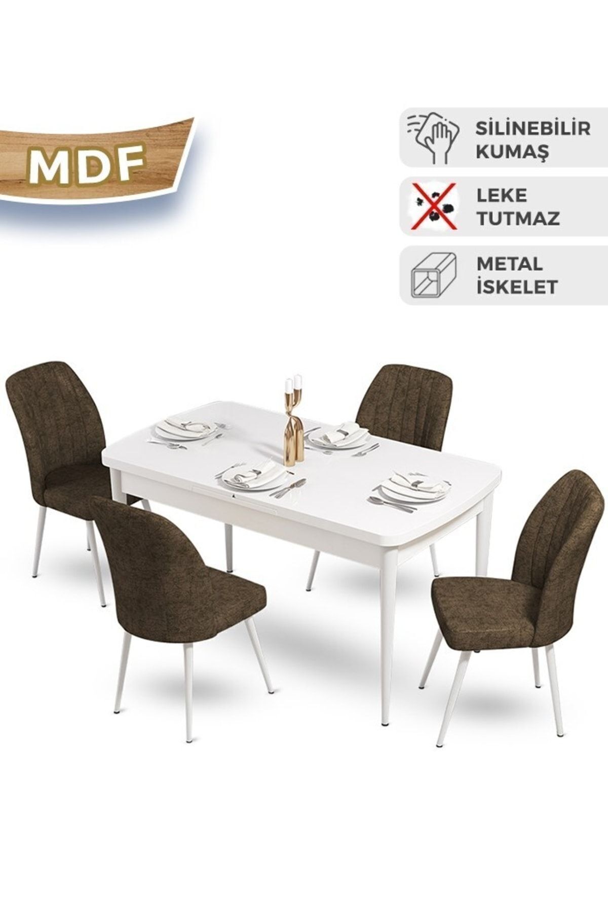 Mun Serisi 80x132 Açılabilir Mdf Beyaz Masa Takımı Ve 4 Sandalye