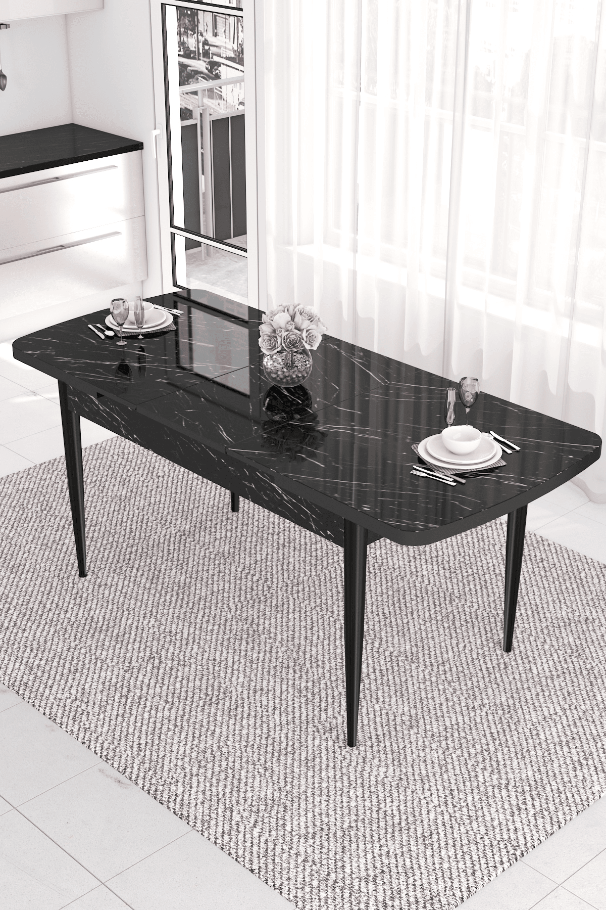Nex Serisi 80x132 Mdf Açılabilir Gold Halka Siyah Mermer Desen Masa Takımı Ve 6 Sandalye