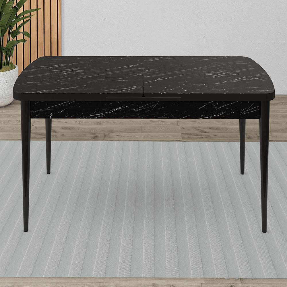 Exve Serisi 80x132 Açılabilir Siyah Mermer Desen Masa Takımı ve 4 Sandalye