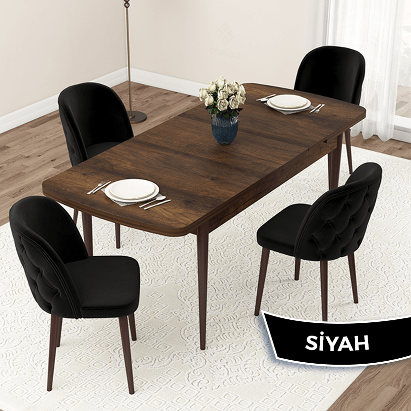 Siyah Sandalye Barok Ahşap Desen Masa