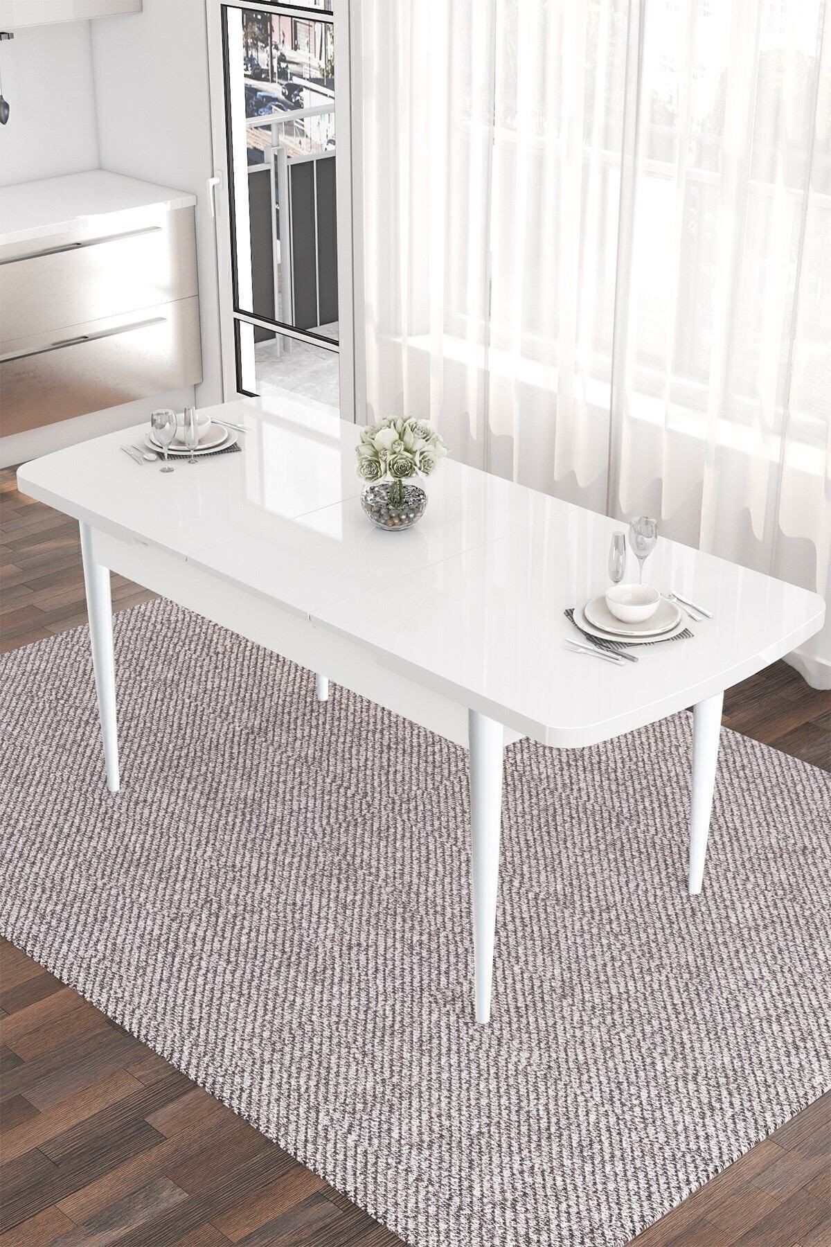 Nex Serisi 80x132 Mdf Açılabilir Gümüş Halka Beyaz Masa Takımı Ve 6 Sandalye