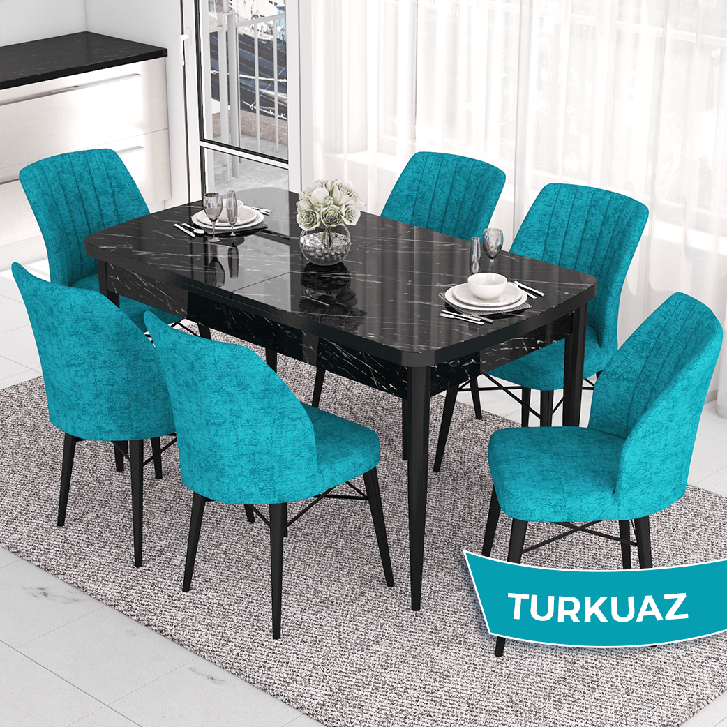 Eva Serisi 80x132 Açılabilir Mdf Siyah Mermer Desen Masa Takımı Ve 6 Sandalye