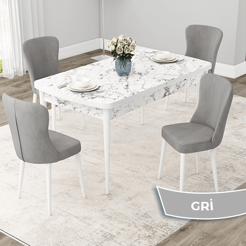 Due Serisi 80x132 Açılabilir Beyaz Mermer Desen Masa Takımı Ve 4 Sandalye