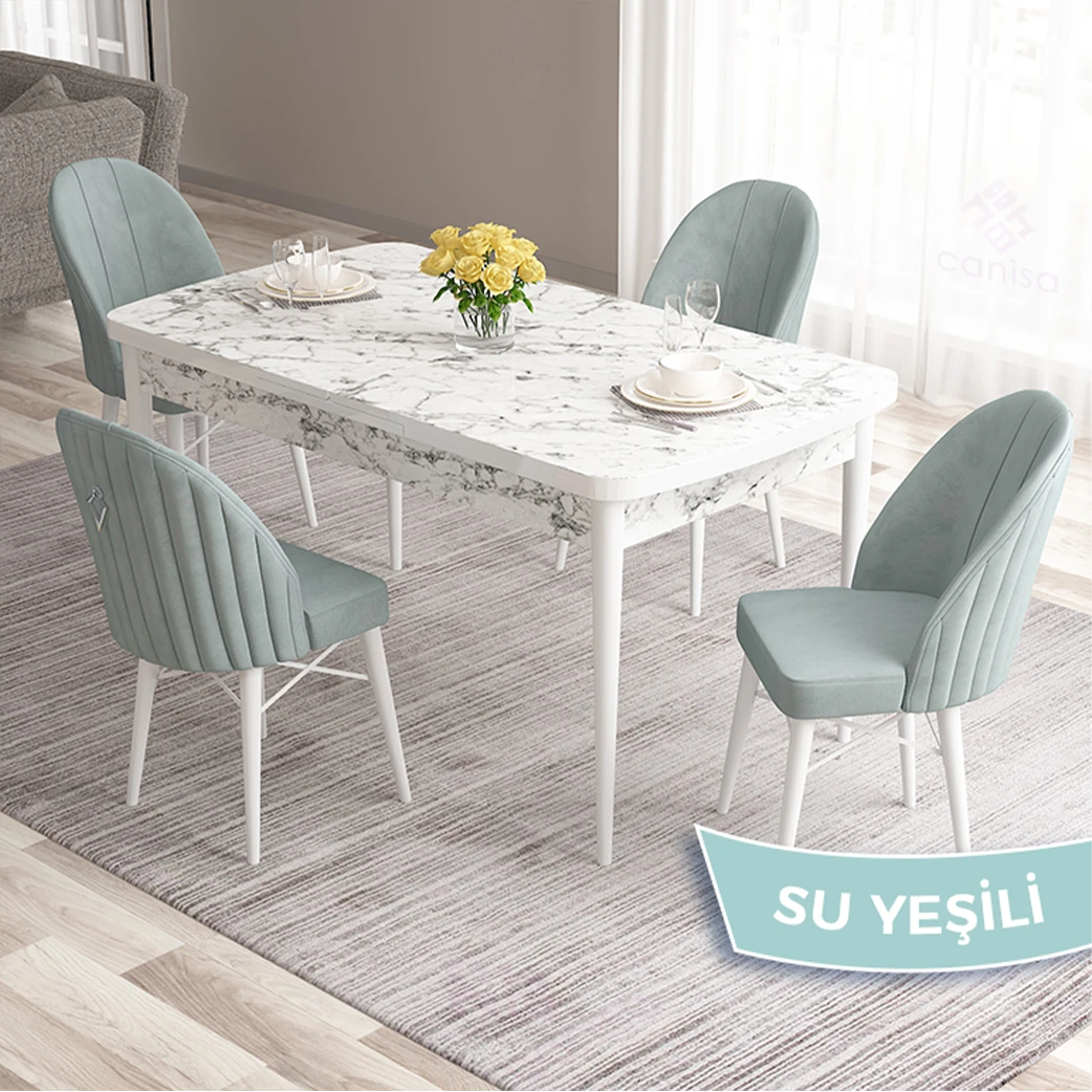 masa beyaz mermer desen sandalye su yeşil