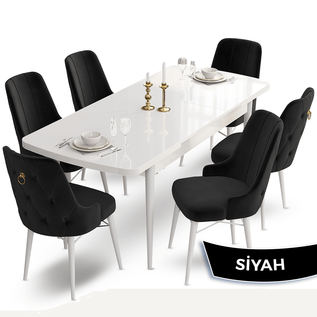 Taç Serisi 80x132 Açılabilir Gold Halka Beyaz Masa Takımı ve 6 Sandalye