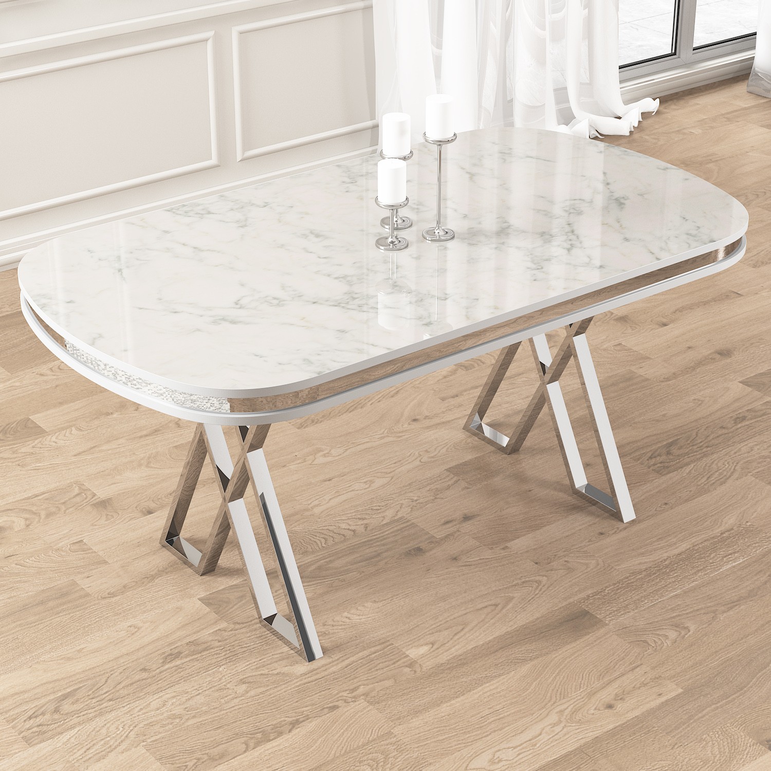 Zae Serisi 90x168 Lak Panel Beyaz Mermer Desen Krom Ayak Masa Takımı 4  Sandalye