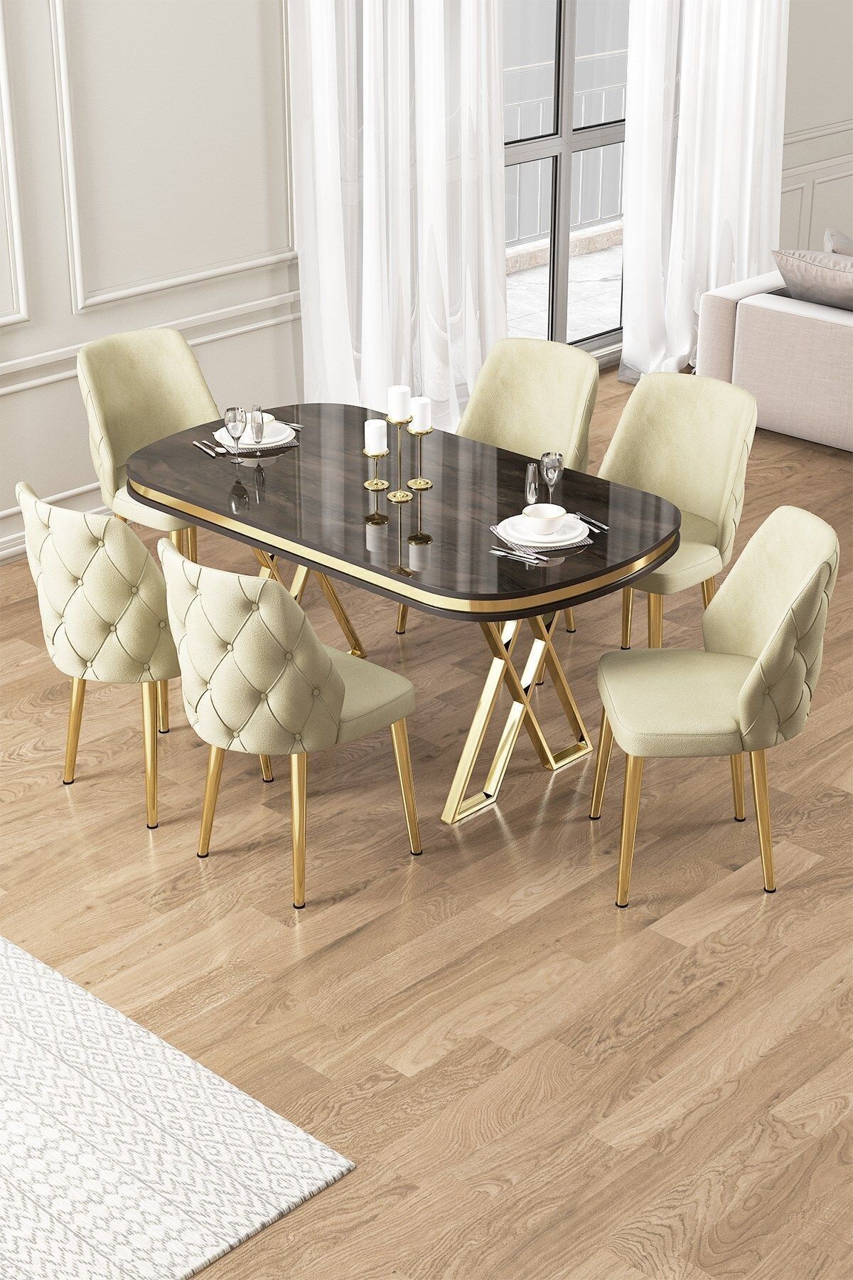Afe Serisi 90x168 Lak Panel Antrasit İroni Masa ve 6 Sandalye Gold Kaplama Ayak