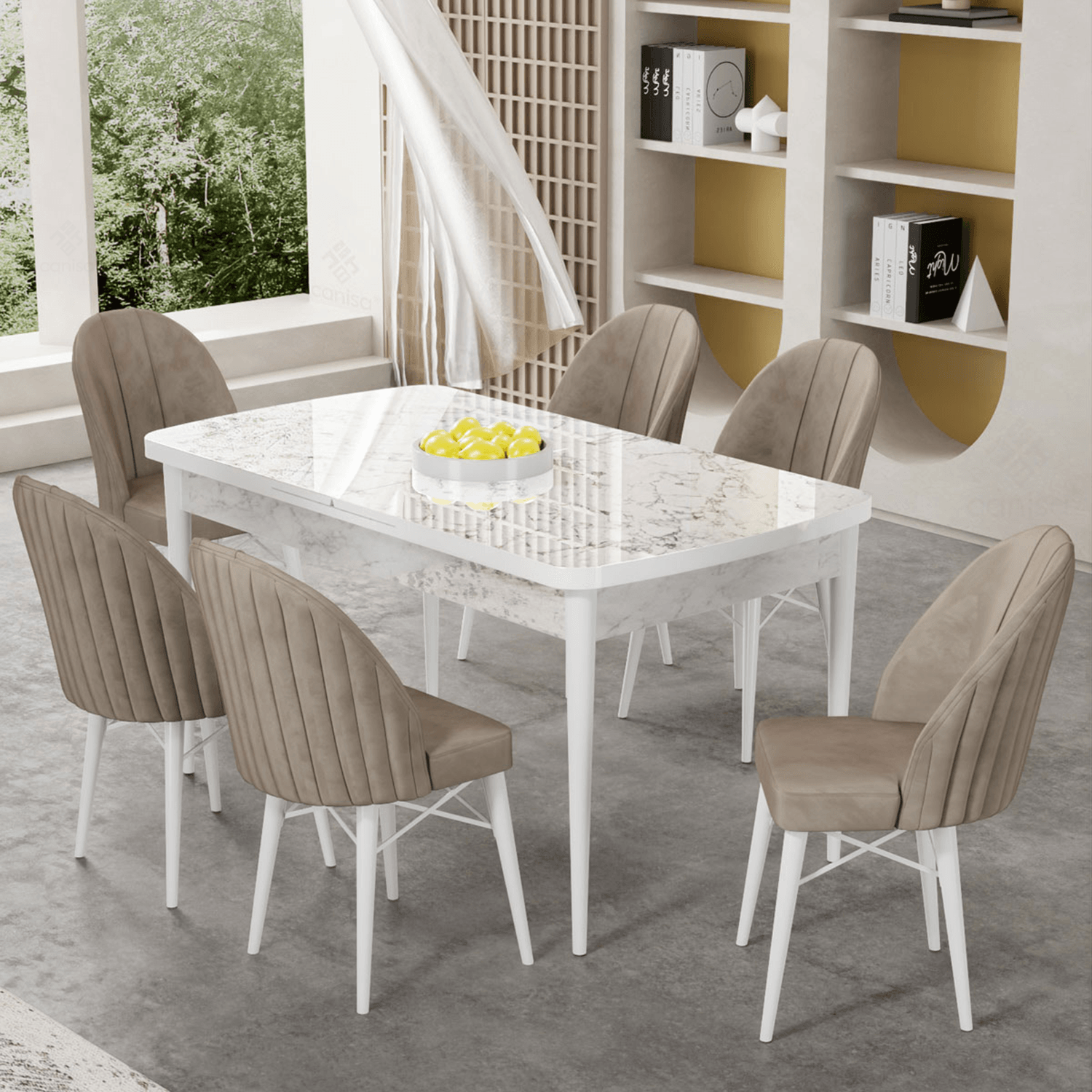 Beyaz Mermer Desen Masa Cappucino Sandalye