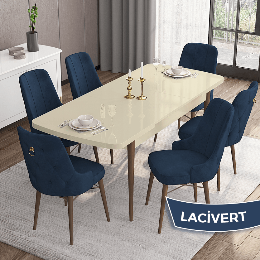 masa krem ayaklar ceviz sandalye lacivert