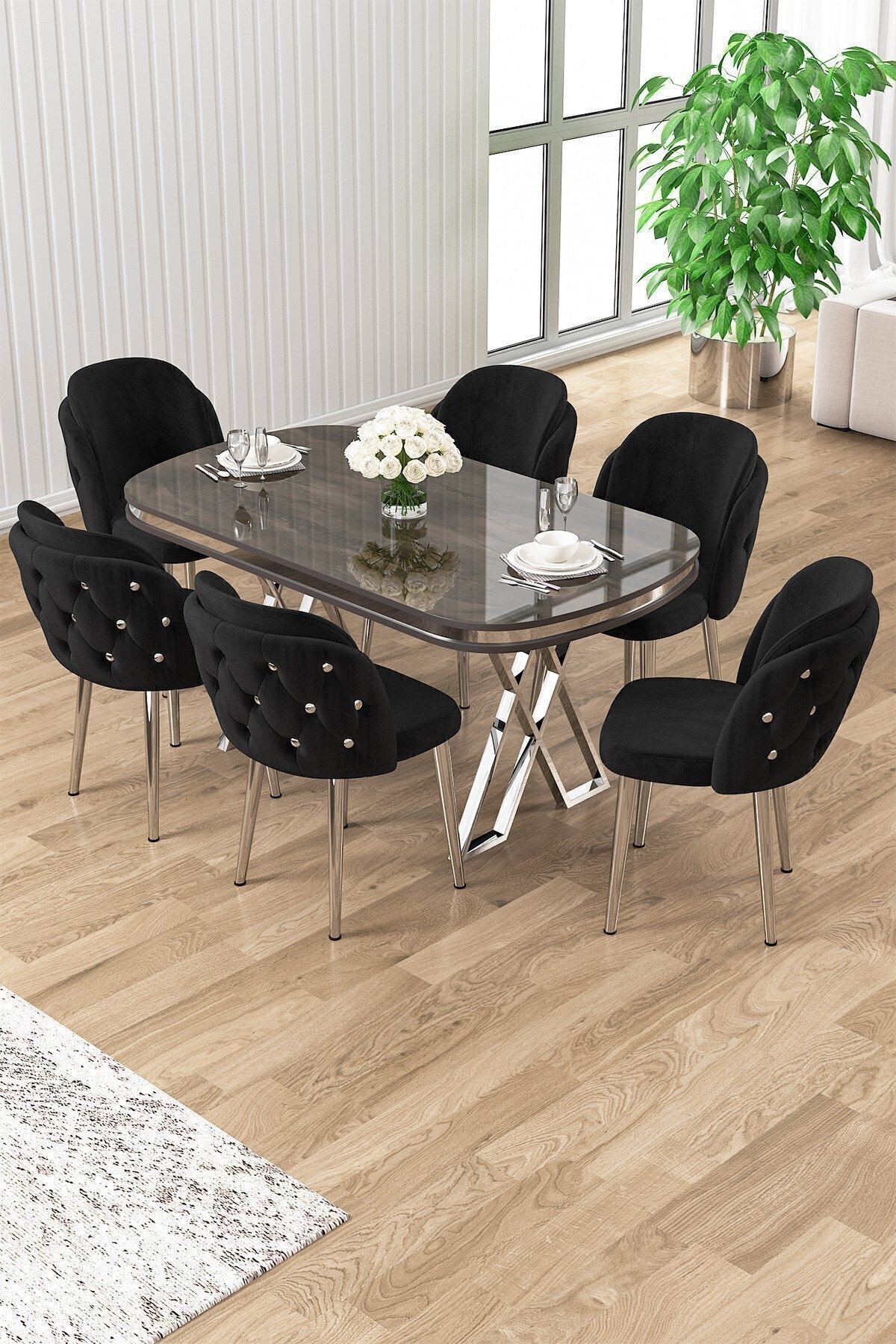 Zae Serisi 90x168 Lak Panel Antrasit İroni Masa ve 6 Sandalye Krom Kaplama Ayak
