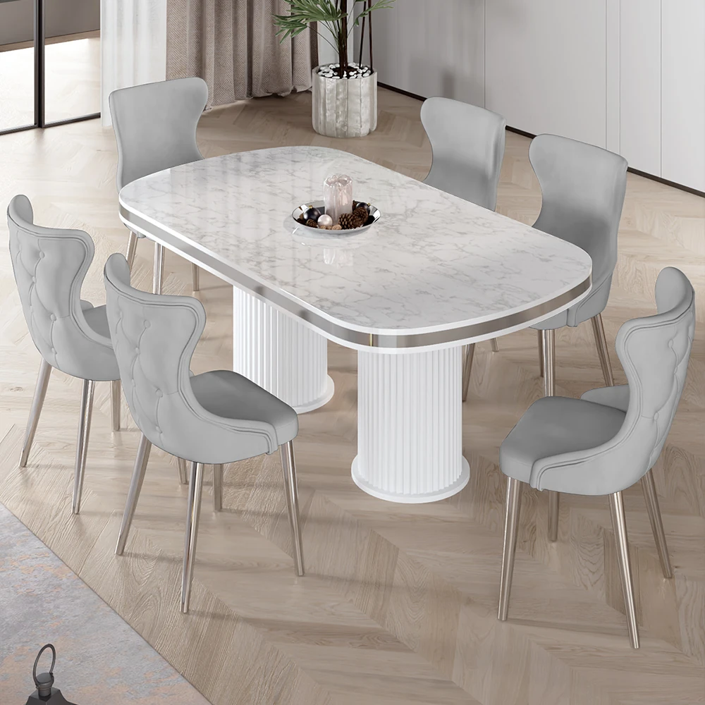 Galya Serisi Lak Panel 90x168 Sabit Beyaz Mermer Desen Mutfak Masa Takımı 6 Sandalye