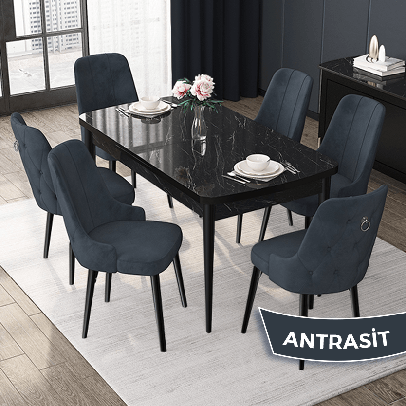 Antrasit Sandalye Siyah Mermer Desen Masa