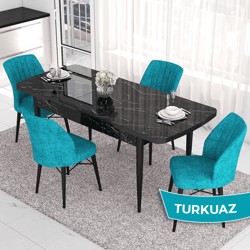 masa siyah mermer sandalye turkuaz ayak siyah