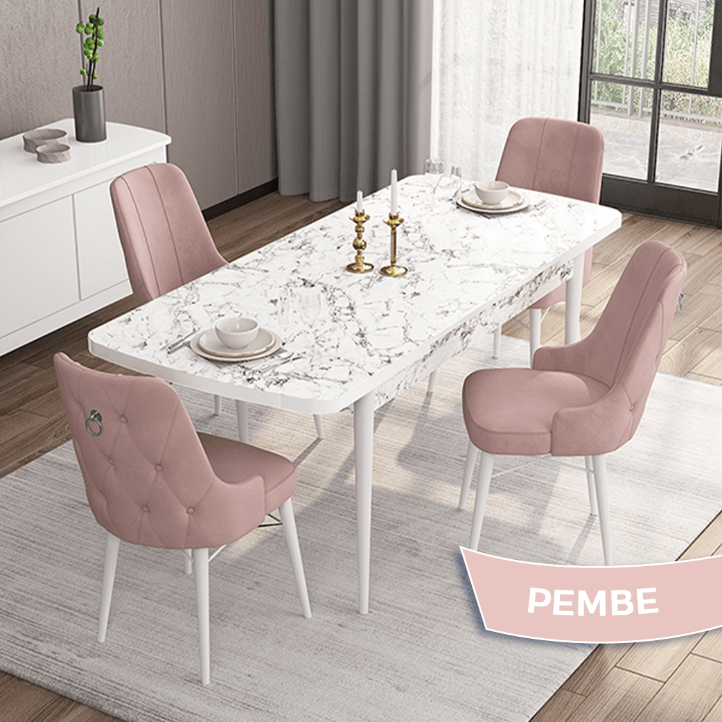 Pembe Sandalye beyaz Mermer Desen Masaa