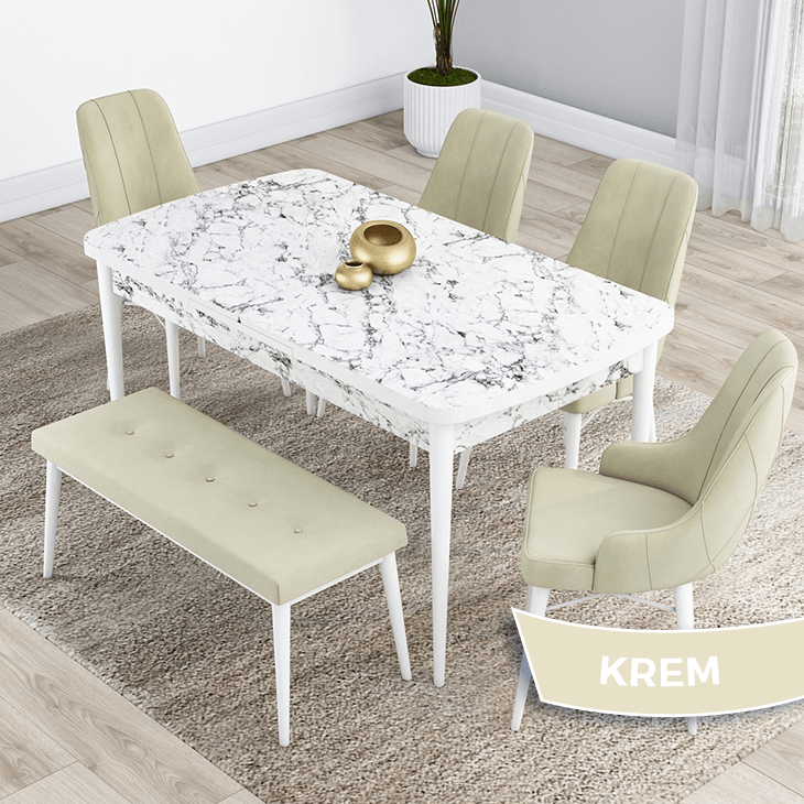 Kar Serisi 80X132 Mdf Açılabilir Beyaz Mermer Desen Masa Takımı 4 Sandalye Ve 1 Bench