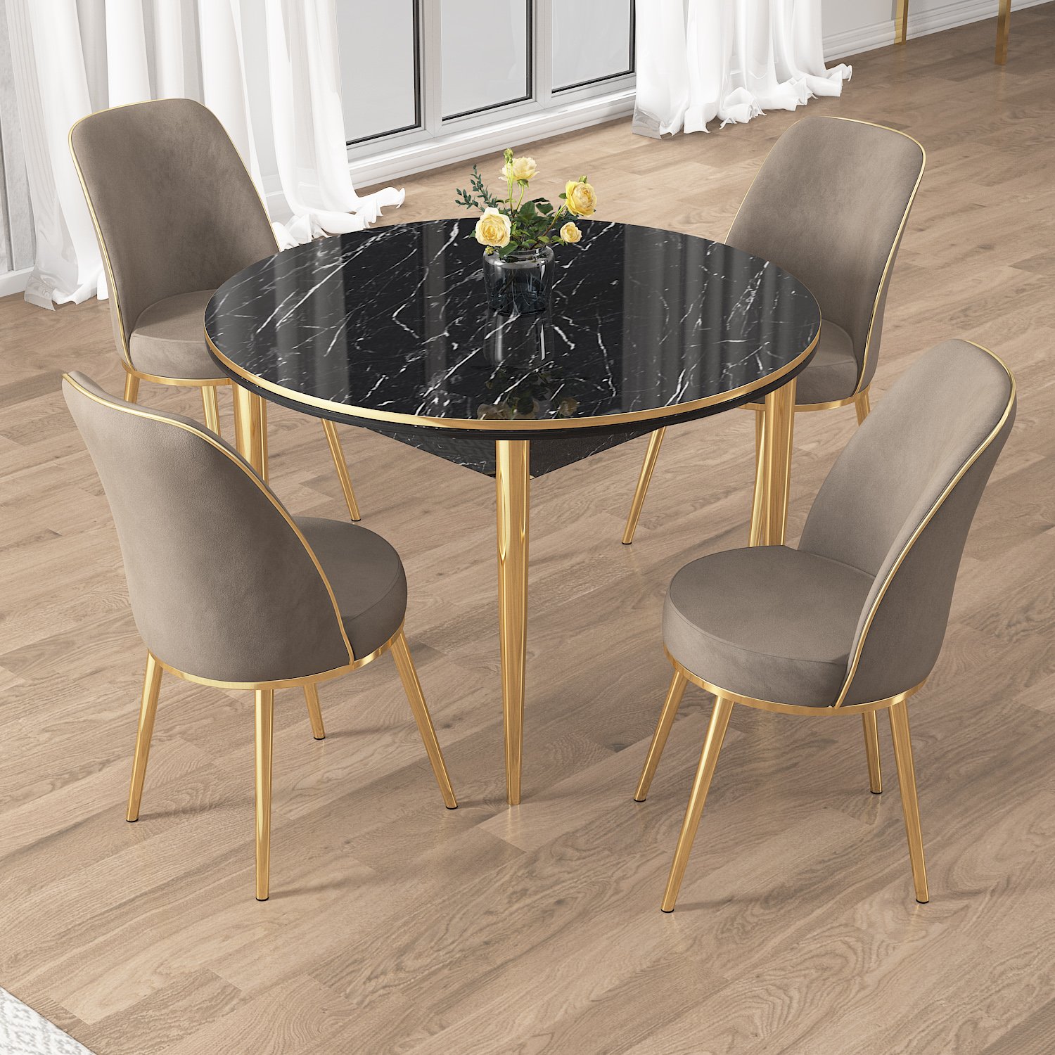 masa siyah mermer sandalye capppucino gold ayak