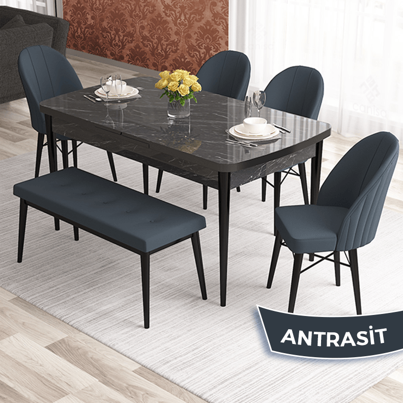Elf Serisi 80x132 Açılabilir Siyah Mermer Desen Masa Takımı 4 Sandalye ve 1 Bench