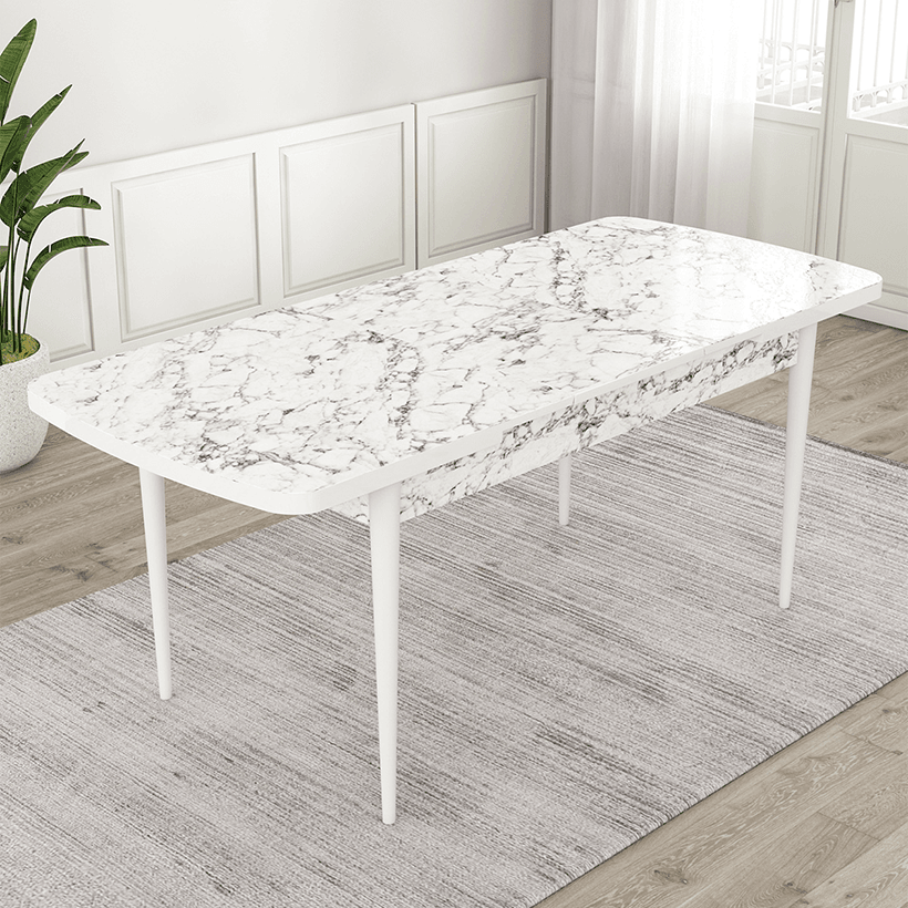 Jul Serisi 80x132 Açılabilir Beyaz Mermer Desen Mutfak Masası Takımı 4 Sandalye Ve 1 Bench