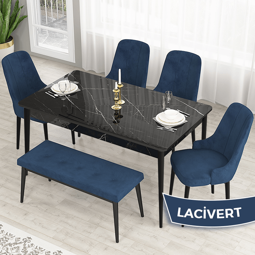 siyah mermer masa, lacivert sandalye