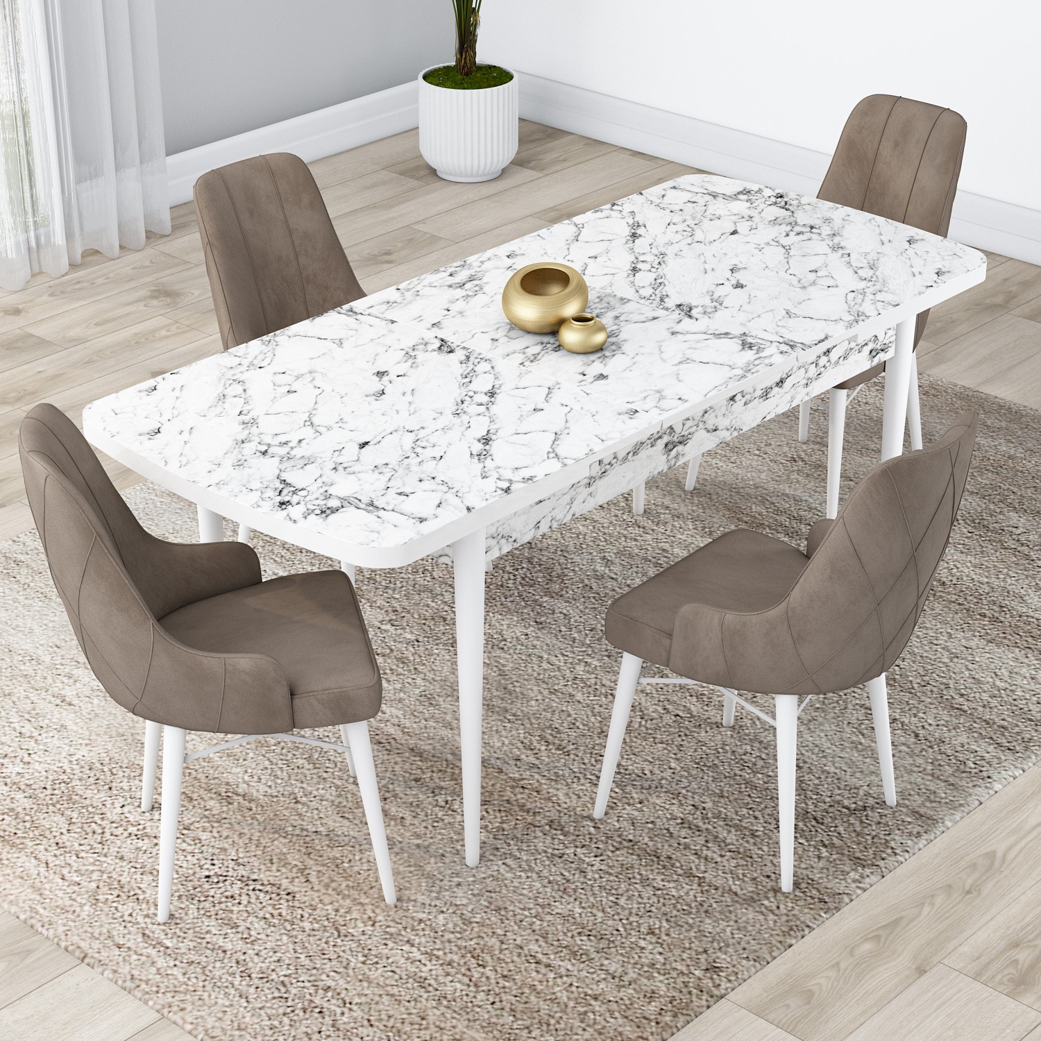 Lia Serisi 80x132 Açılabilir Beyaz Mermer Desen Masa Takımı ve 4 Sandalye