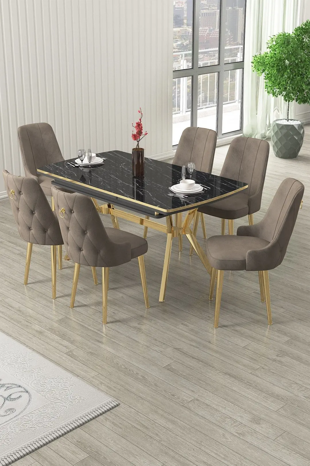 Nis Serisi 89x150 Açılabilir Lak Panel Sonata Masa ve 6 Sandalye