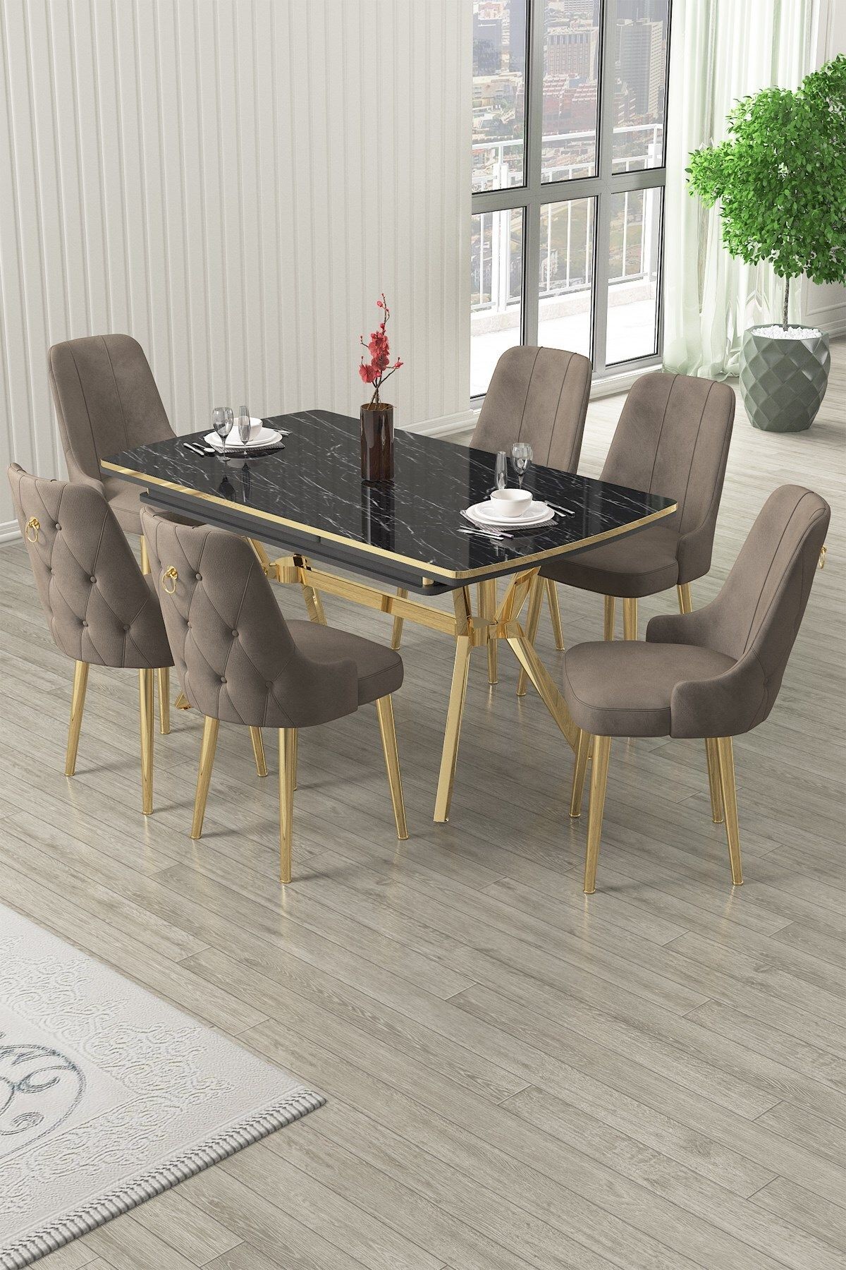Nis Serisi 89x150 Açılabilir Lak Panel Rampla Gri Masa ve 6 Sandalye Gold Kaplama Ayak