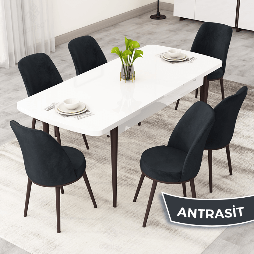 Rax Serisi 80x132 Açılabilir Beyaz Masa Takımı ve 6 Sandalye