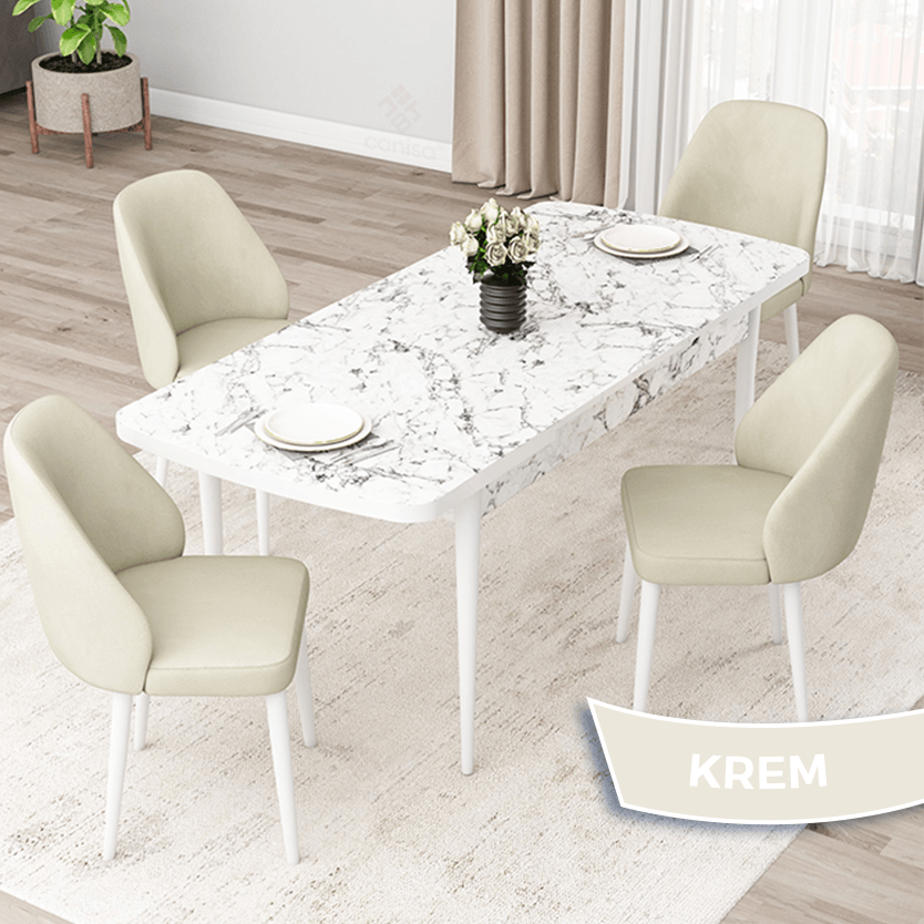 Masa Beyaz Mermer Desen Sandalye kremm