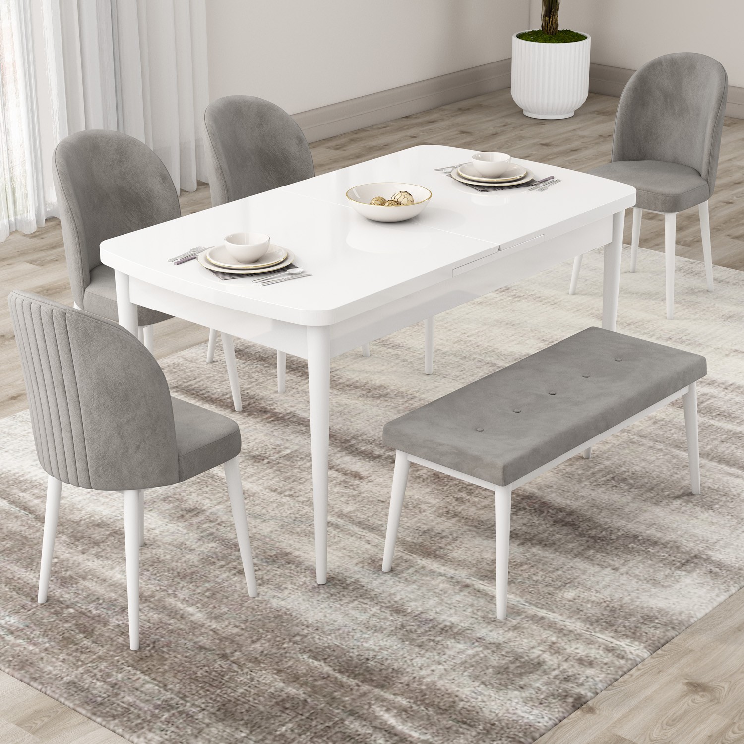 Roe Serisi 80x132 Açılabilir Beyaz Masa Takımı 4 Sandalye Ve 1 Bench