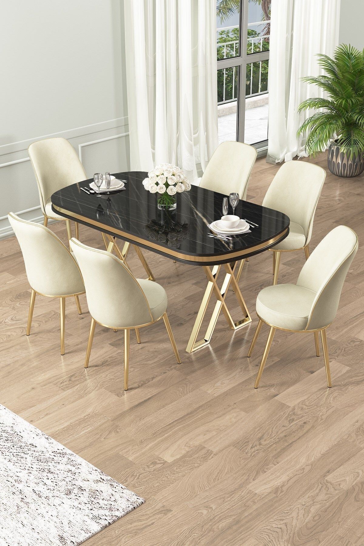 Lai Serisi 90x168 Lak Panel Sonata Masa ve 6 Sandalye Gold Kaplama Ayak