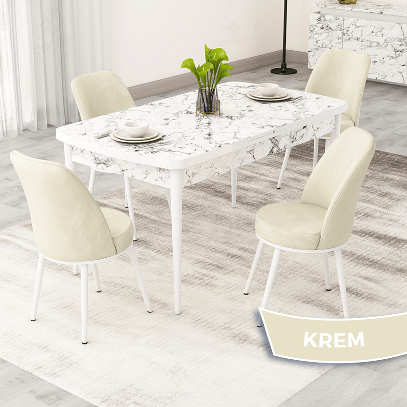 Nix Serisi 70x114 Açılabilir Beyaz Mermer Desen Mutfak Masası Takımı ve 4 Sandalye